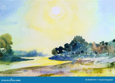 Watercolor Landscape Original Painting Colorful of Sun in Morning ...