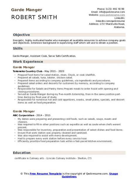 Garde Manger Resume Samples | QwikResume