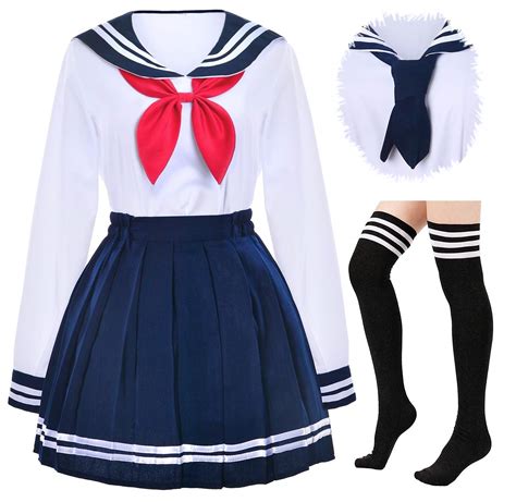 Buy Japanese School Girls Uniform Sailor Navy Blue Pleated Skirt Anime ...