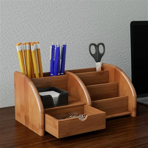 5 Compartment Bamboo Desk Organizer - Wooden Office Supply Storage ...