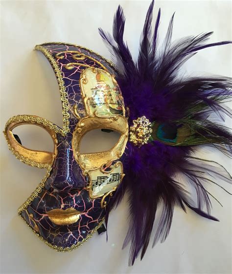 Venetian style Mardi Gras 3/4 face mask with purple and peacock feather ...