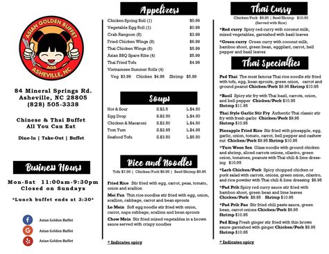 Menu at Asian Golden Buffet restaurant, Asheville