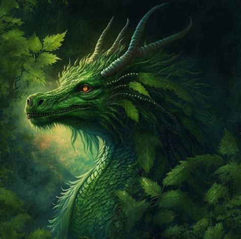 a painting of a green dragon in the woods