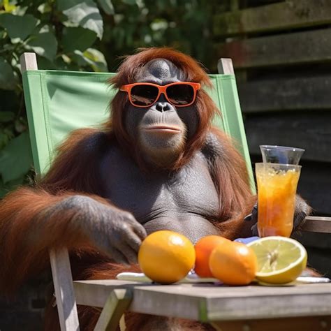 Premium AI Image | Orangutan in sunglasses with a glass of juice sits ...