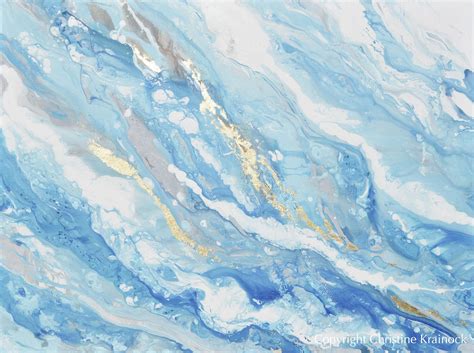 ORIGINAL Art Light Blue Aqua White Abstract Painting Gold Leaf Marbled ...