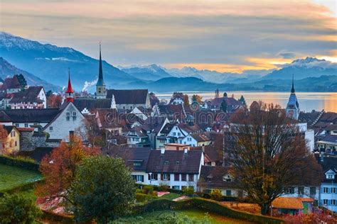 ZUG, SWITZERLAND - November, 2018: View of the Old Town of Zug and Lake ...