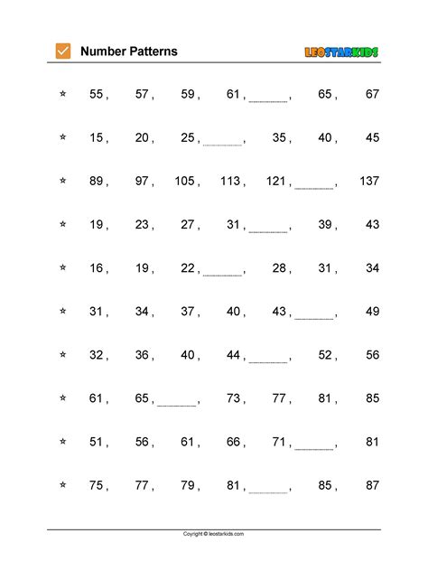 Mathematics Worksheets – Number Patterns - FREE - LEOSTARKIDS