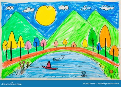 Drawing of Lake with Trees and Mountains in the Background. Generative ...