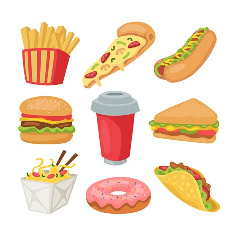 Fast Food Cartoon Set Illustration, Various Unhealthy Junk Food ...