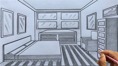 One Point Perspective Drawing Of A Bedroom