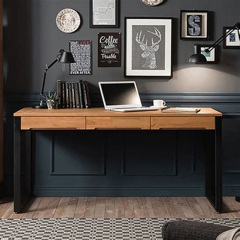 1200mm Rustic Wooden Natural & Black Office Desk with Drawers & Metal ...