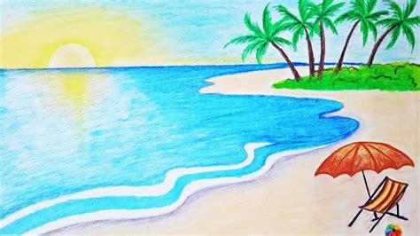 How to draw a scenery of sea beach Step by step (easy draw) - YouTube ...