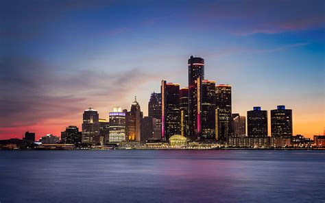 Detroit skyline, sunset, Michigan, USA, american cities, America ...