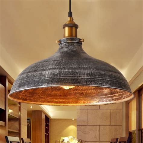 Silver Gray 1 Bulb Pendant Lamp Antique Style Metal Bowl Shade Hanging ...