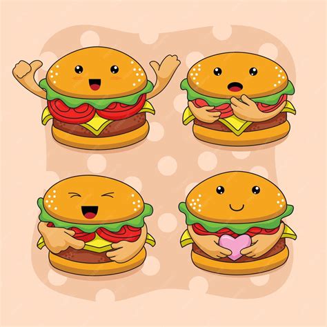 Premium Vector | 4 Burger Mascot Emoticon Vector Set Design