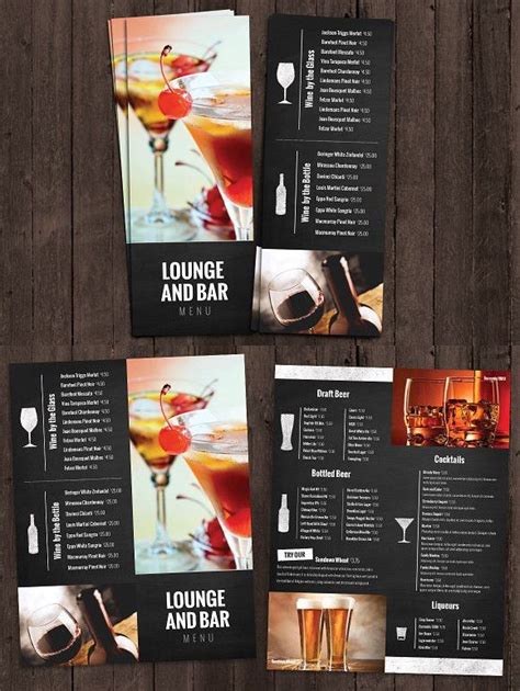 three fold menus with drinks on them sitting next to each other in ...