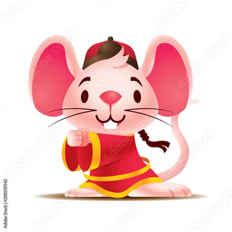 Cartoon cute white rat with big ears wears traditional Chinese jacket ...