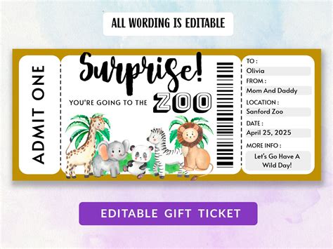 Surprise Zoo Ticket, Printable Zoo Ticket, Zoo Coupon, Gift Ticket, Zoo ...