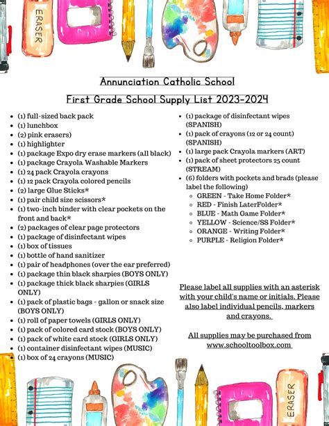 School Supplies – 1st Grade – Annunciation Catholic School