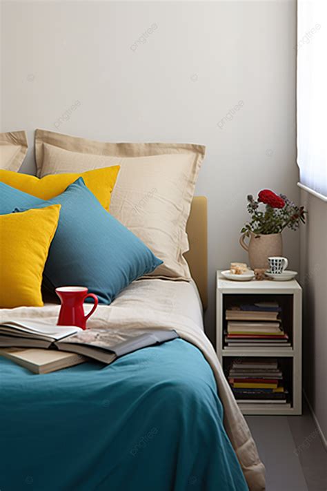 A Bed With Red Blue And Yellow Pillows Background Wallpaper Image For ...