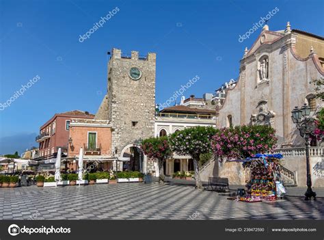 Taormina Main Square Piazza Aprile San Giuseppe Church Clock Tower ...