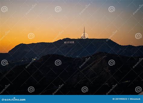 The Hollywood Sign is on Top of the Mountain at Sunset Editorial Stock ...