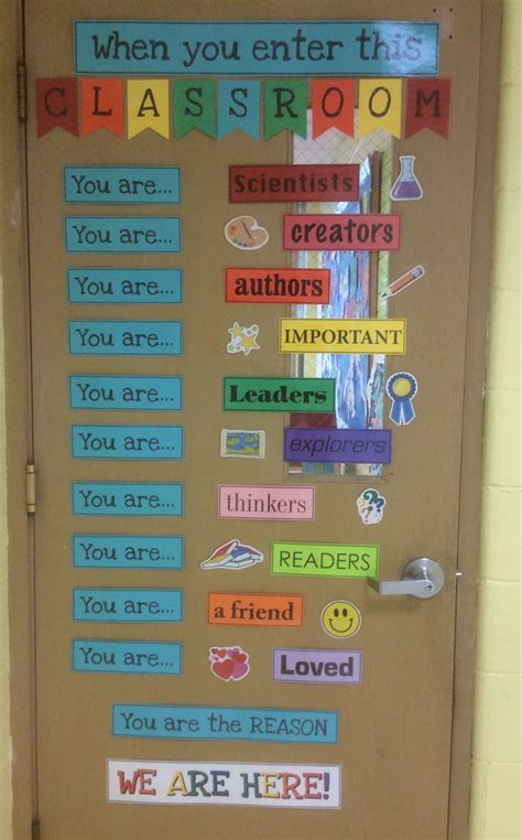 a classroom door decorated with words and pictures