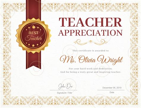 Teacher Appreciation Award Certificate Template Teacher Gift | Etsy