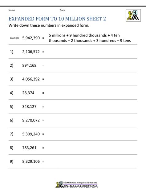 Place Value Worksheet - up to 10 million