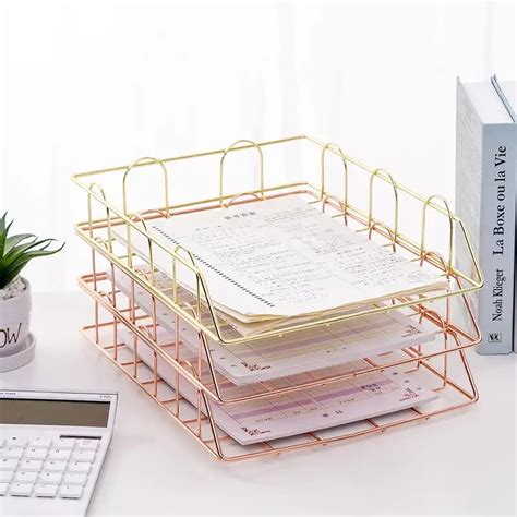 2pcs / Set Rose Gold Desk Organizer Stackable Paper Tray Metal Wire Two ...