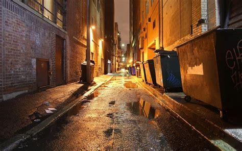 an alleyway at night with trash cans on the ground