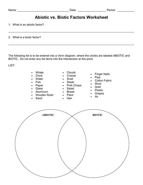 Worksheet 1: Abiotic versus Biotic factors