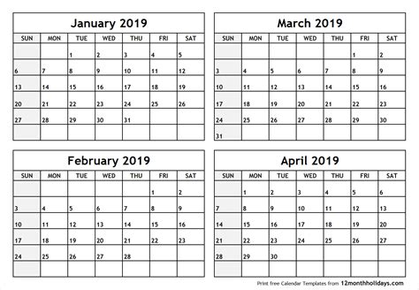 Printable Blank Four Month January February March April 2019 Calendar ...