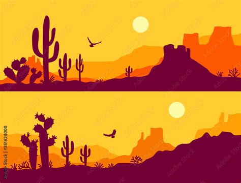 Desert landscape with Cactuses. Arizona desert mountains silhouette ...