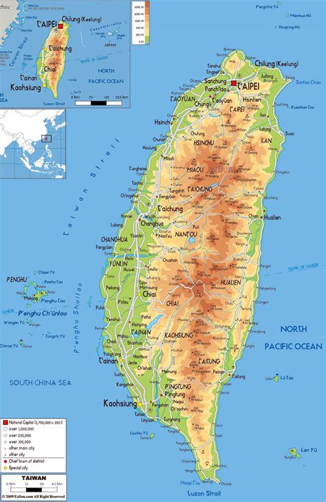 Large physical map of Taiwan with roads, cities and airports | Taiwan ...