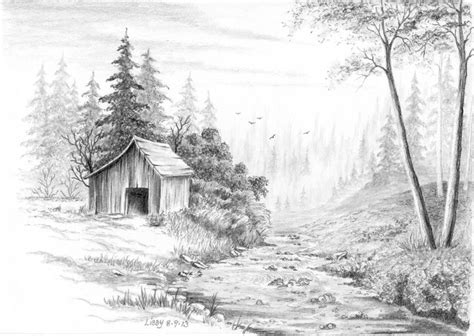 a pencil drawing of a cabin in the woods