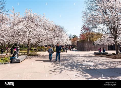 Washington DC, USA - April 5, 2018: Tourists walking by Franklin Delano ...