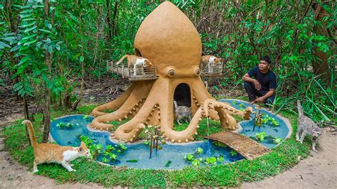 Rescue Cat Build Cat House In Octopus And Fish Pond For Crayfish - YouTube