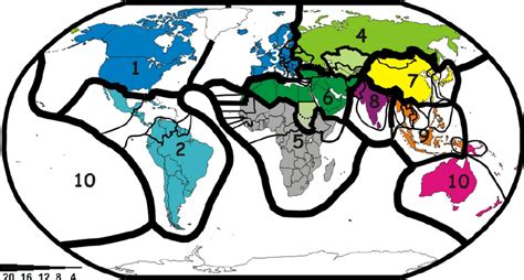 Predominant divisions of major world regions determined on the basis of ...