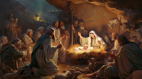 Painting Of Nativity Scene With Jesus And Seven People Background ...