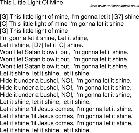 Old time song lyrics with guitar chords for This Little Light Of Mine G