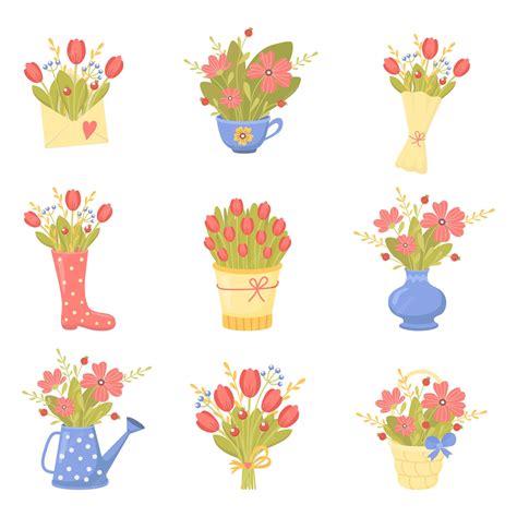 Premium Vector | Set of cute bouquets of spring flowers