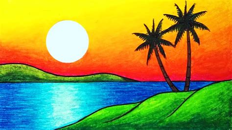 How To Draw Beautiful Sunset | Easy Sunset Scenery Drawing