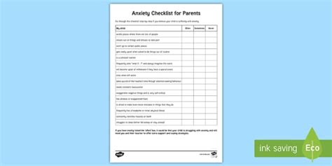 Anxiety Checklist for Students - Inclusive Resources