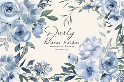 Watercolor Dusty Blue Floral Clipart Set (2289969)