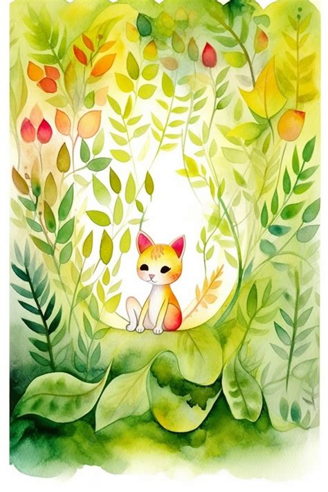 Premium AI Image | Painting of a cat sitting in a garden with leaves ...