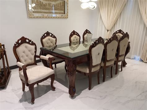 Buy Glass Top Wooden Cushioned 8-Seater Dining Table Online at Best Prices