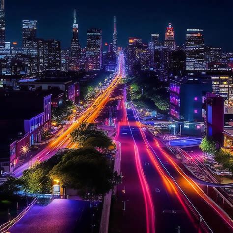 Un fascinante paisaje urbano nocturno con innumerables luces que ...