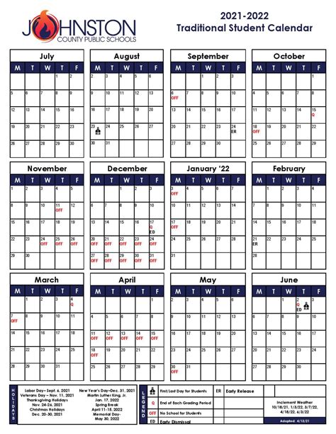 Johnston County Schools Calendar 2021-2022 in PDF