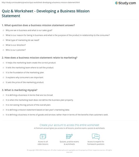 Quiz & Worksheet - Developing a Business Mission Statement | Study.com